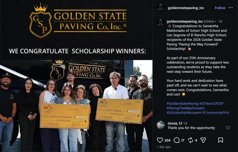 Golden State Paving scholarship presentation with recipients and families