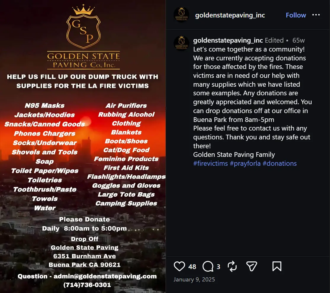 Supplies needed for fire victims